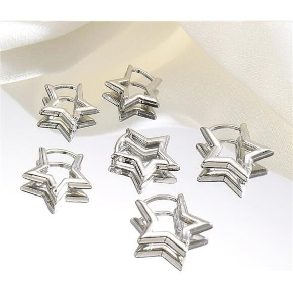 Silver Star Hoop Earrings Set Women Y2k Huggie Pentagram Statement Jewelry Gift - Picture 4 of 7